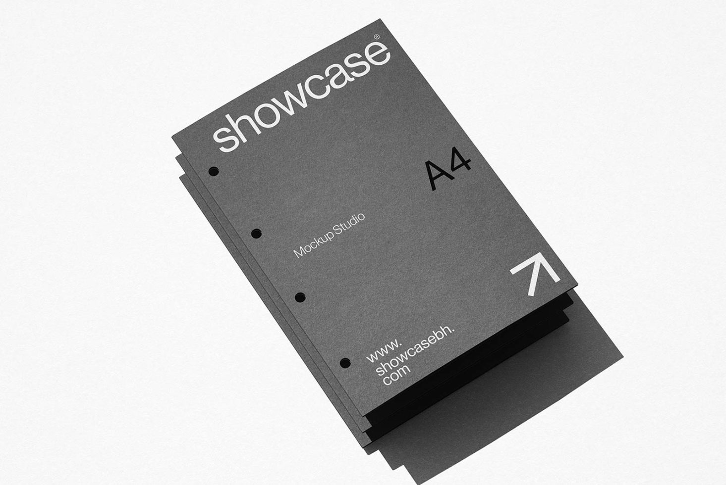 Stack of A4 paper mockups with a minimalist design, labeled "showcase" for presentations or portfolio display on a textured background.